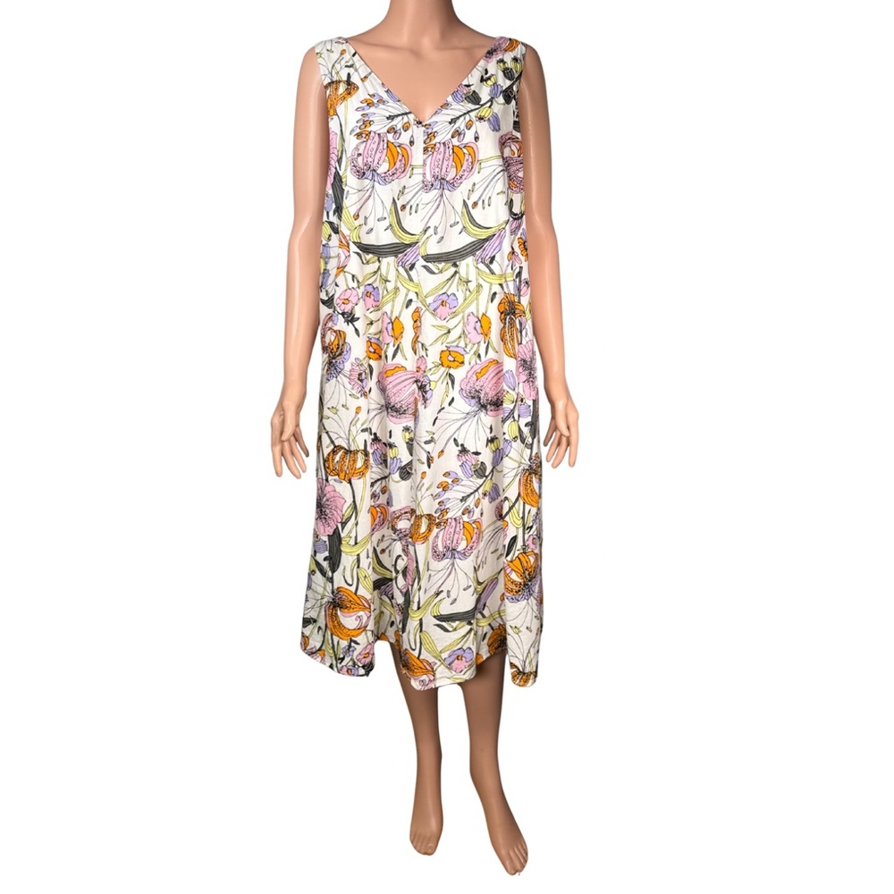 Jaeger London Floral Midi Dress V-Neck Sleeveless Pockets UK 16 US 12